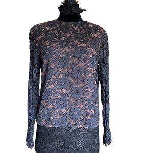 Anne Klein Vintage Black Lace Fitted Long Sleeve Blouse with High Neck Collar